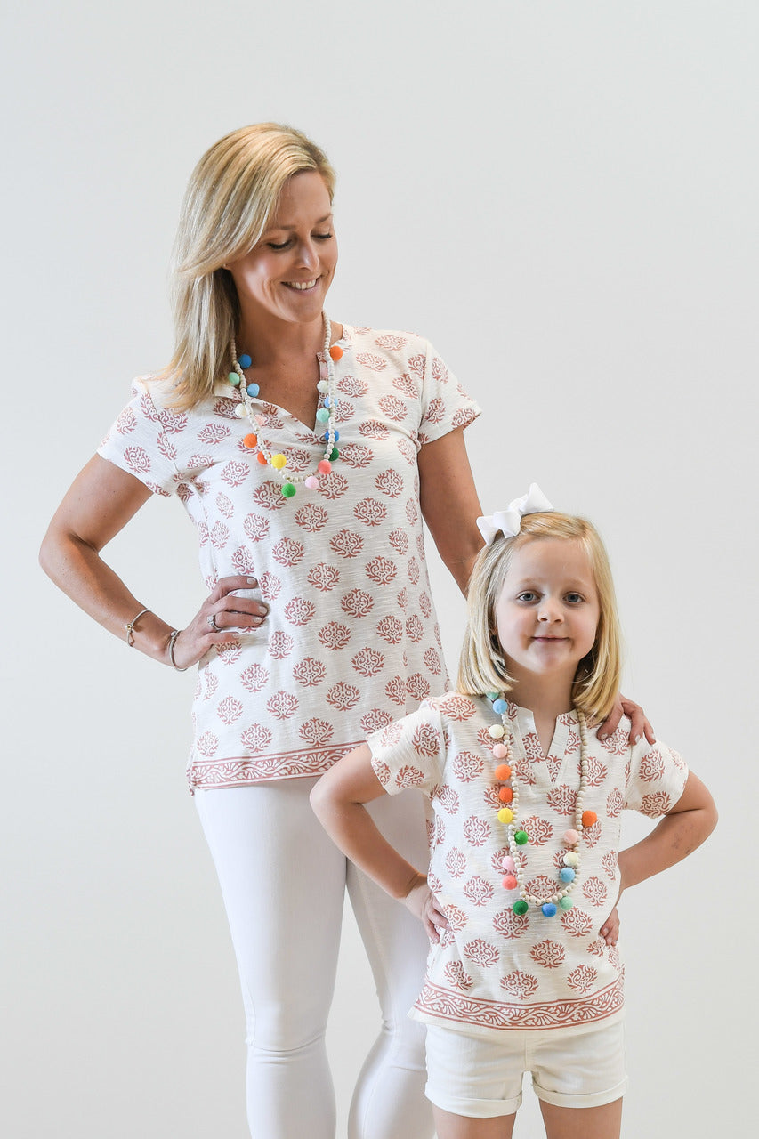 The Kylie Tee Shirt in White and Terra Cotta Hand Block For Girls — view 2