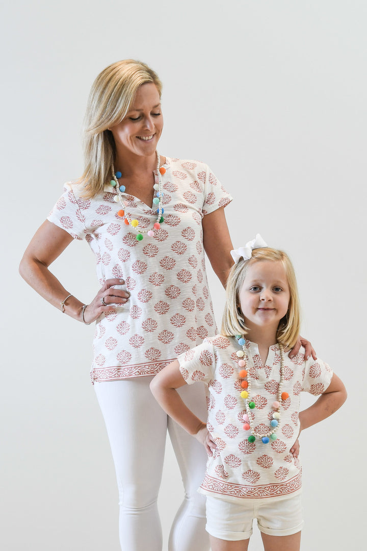 The Kylie Tee Shirt in White and Terra Cotta Hand Block For Girls — view 2