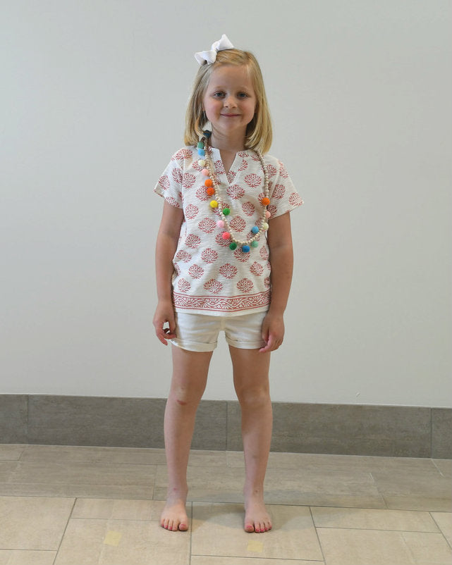 The Kylie Tee Shirt in White and Terra Cotta Hand Block For Girls — view 3