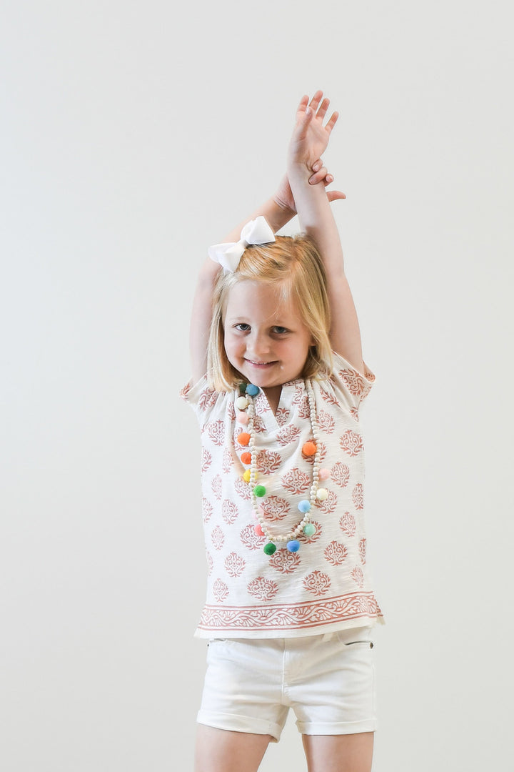 The Kylie Tee Shirt in White and Terra Cotta Hand Block For Girls