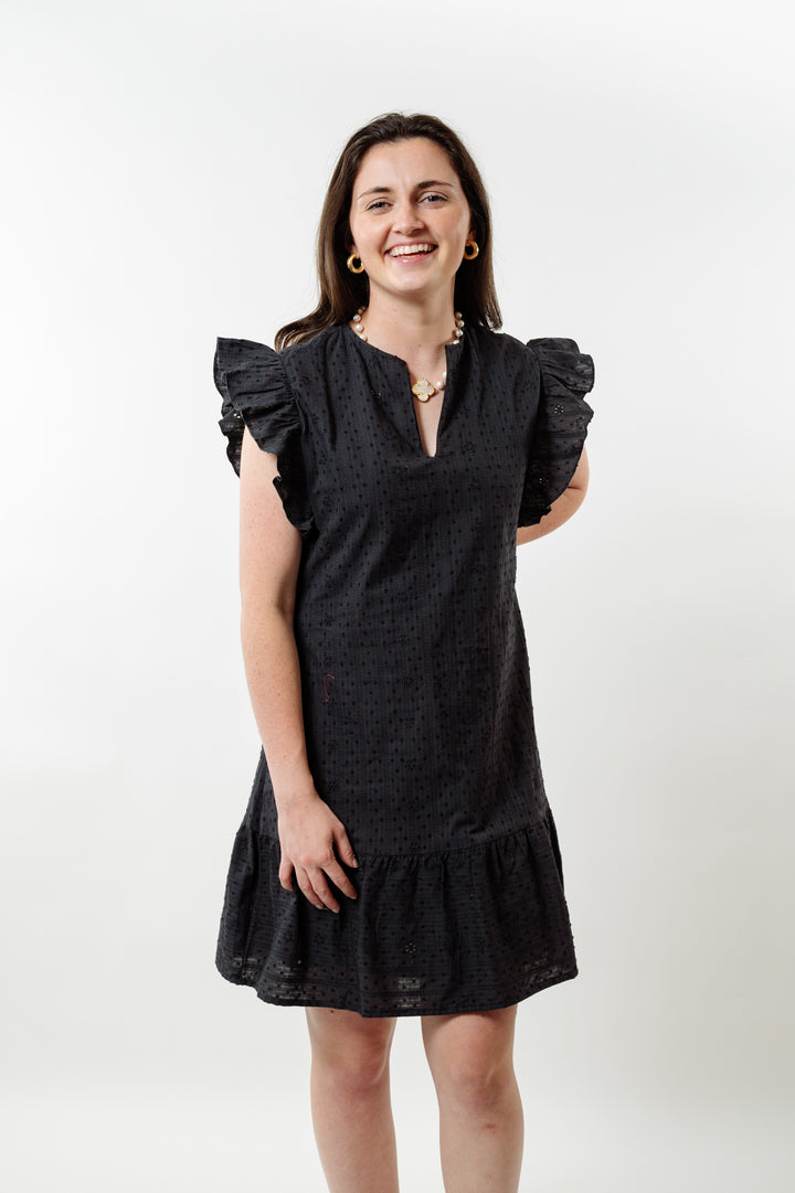 The Willow Flutter Sleeve Dress in Black Eyelet