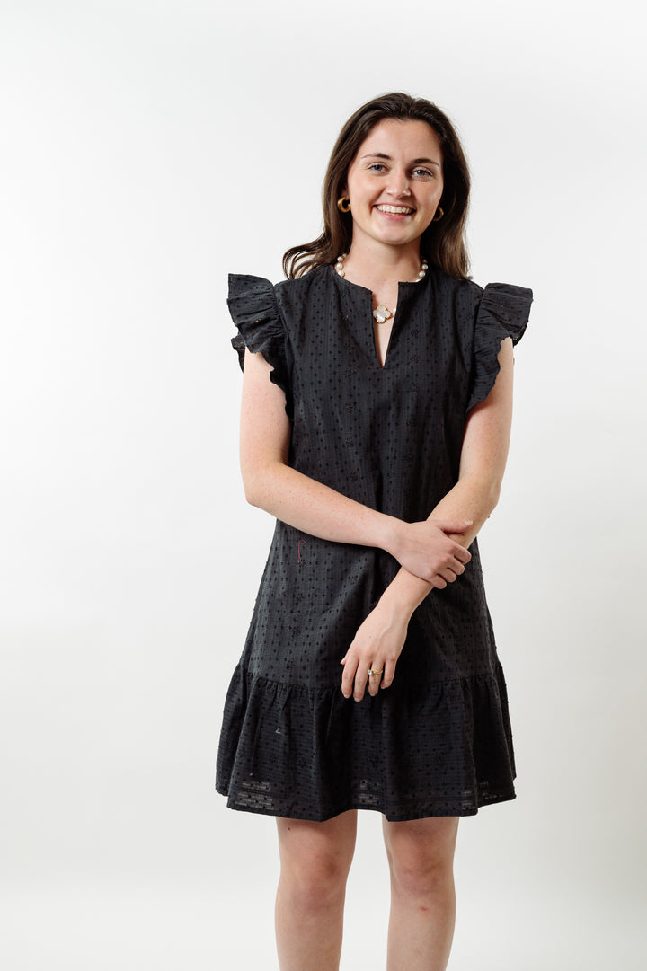The Willow Flutter Sleeve Dress in Black Eyelet — view 2