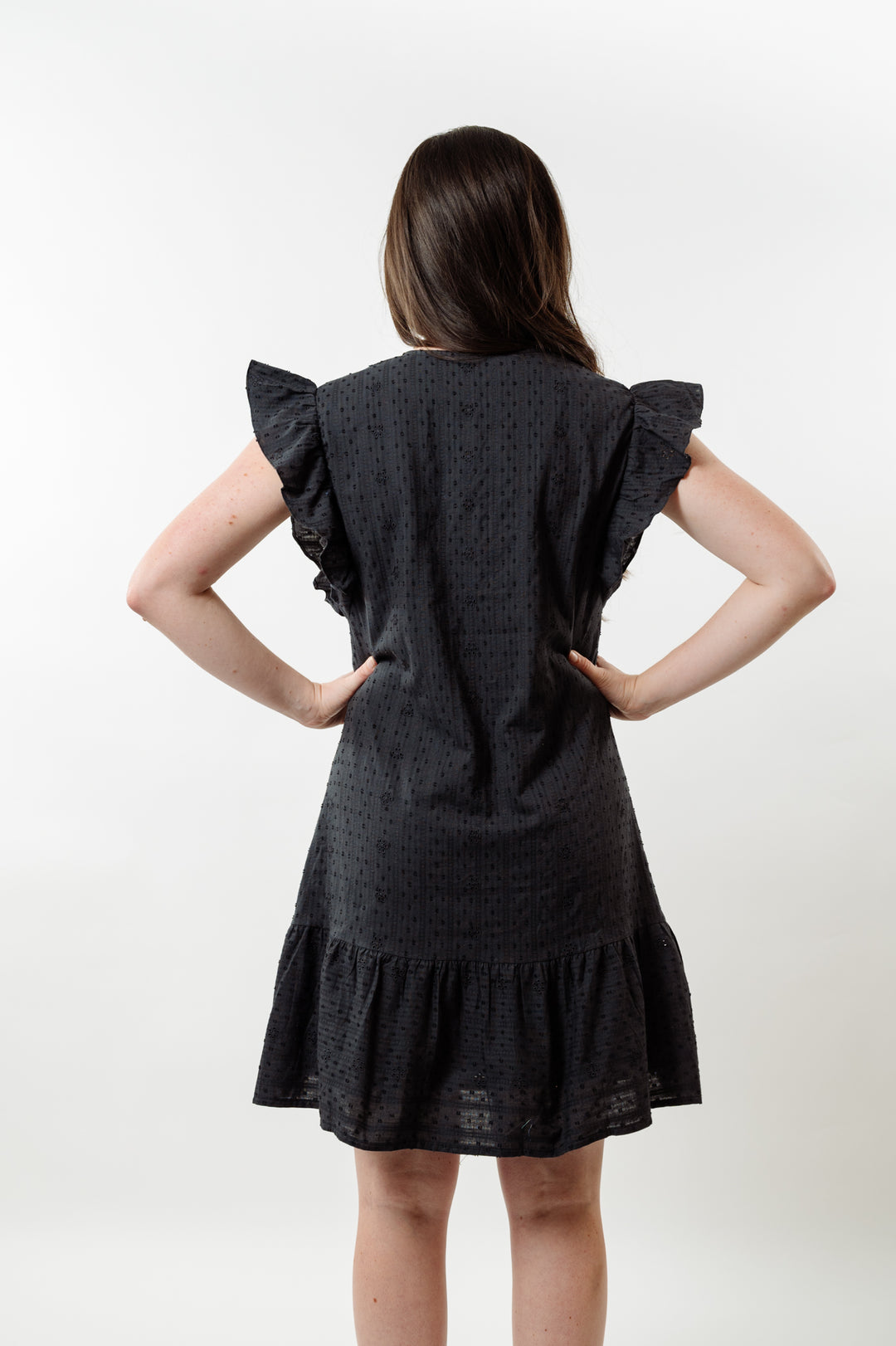 The Willow Flutter Sleeve Dress in Black Eyelet — view 3