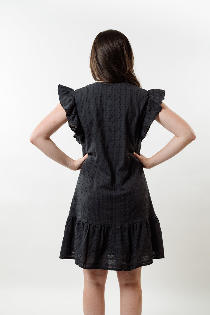 The Willow Flutter Sleeve Dress in Black Eyelet — view 3
