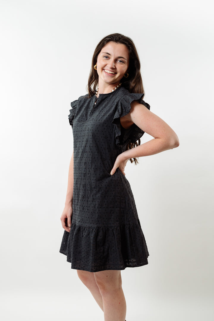 The Willow Flutter Sleeve Dress in Black Eyelet — view 4