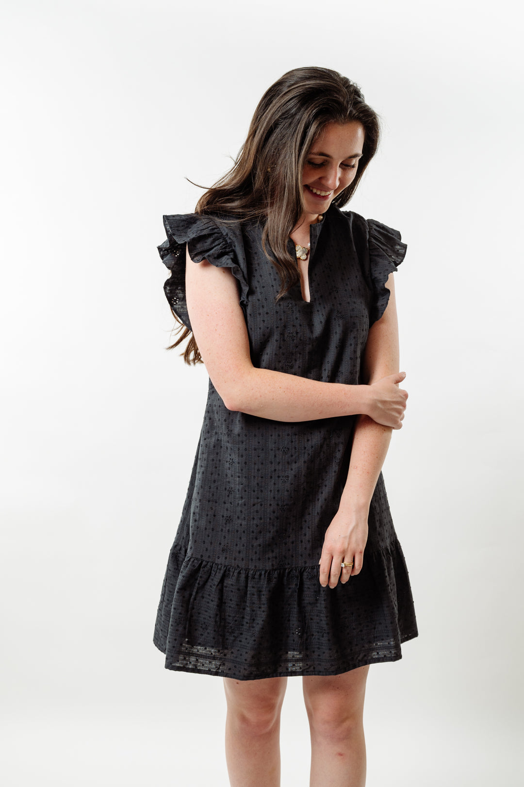The Willow Flutter Sleeve Dress in Black Eyelet — view 5