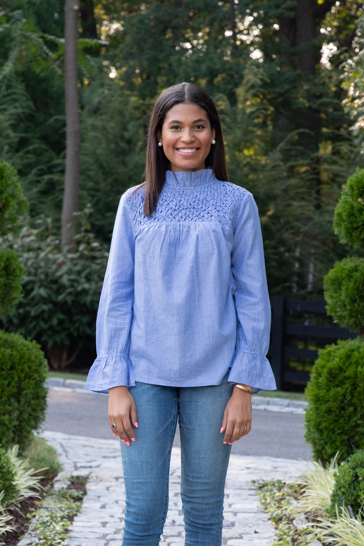 The Vineyard Smocked Blouse in Blue Lurex Cotton