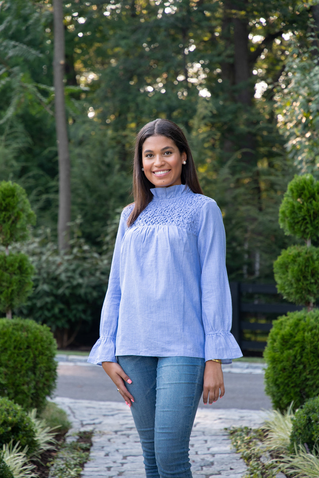 The Vineyard Smocked Blouse in Blue Lurex Cotton — view 5