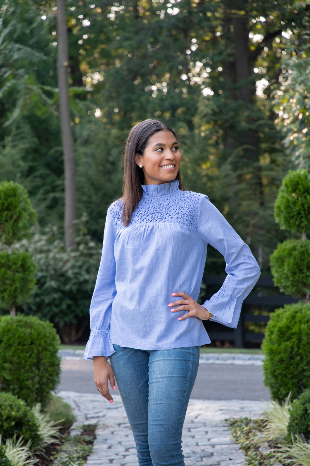 The Vineyard Smocked Blouse in Blue Lurex Cotton — view 2