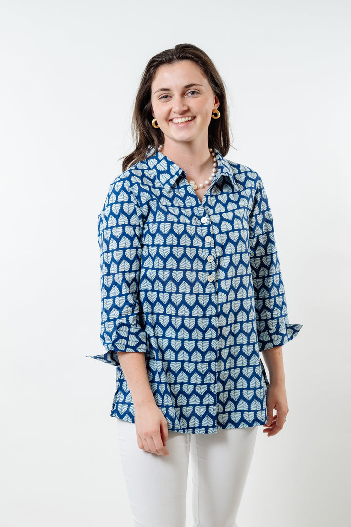 The Mason Button Back Top in Blue and White Cotton Block Print — view 4