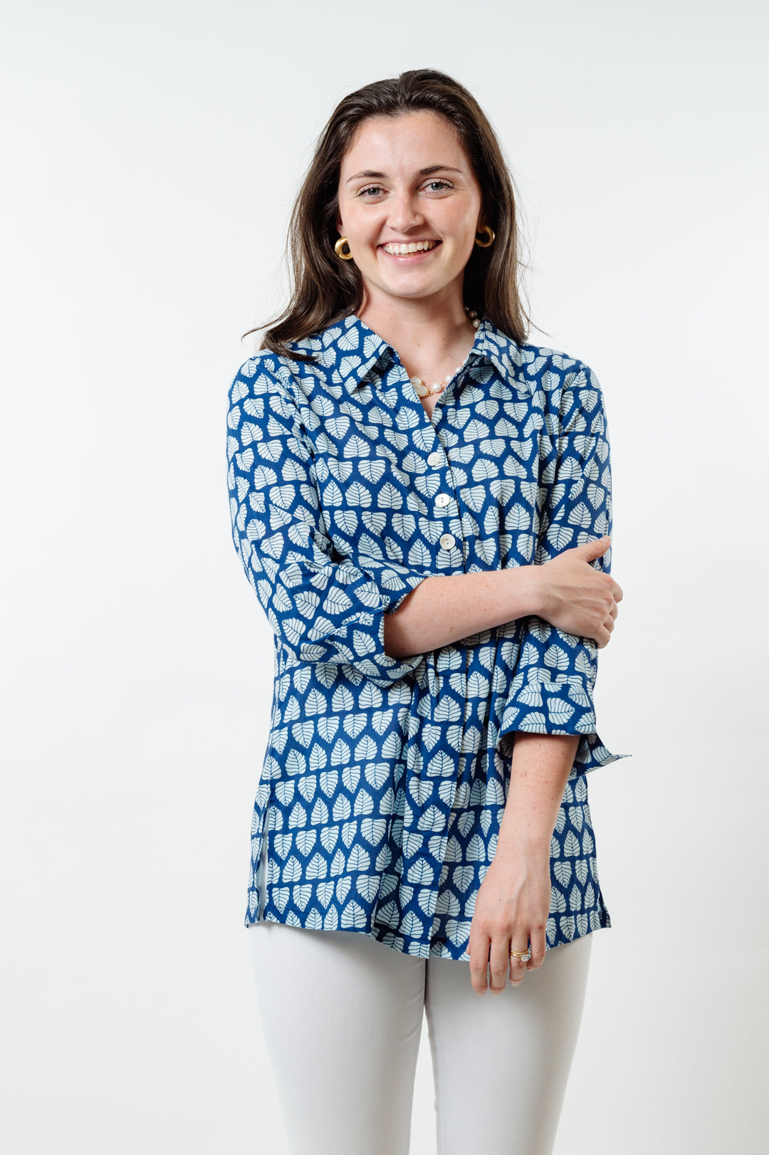 The Mason Button Back Top in Blue and White Cotton Block Print