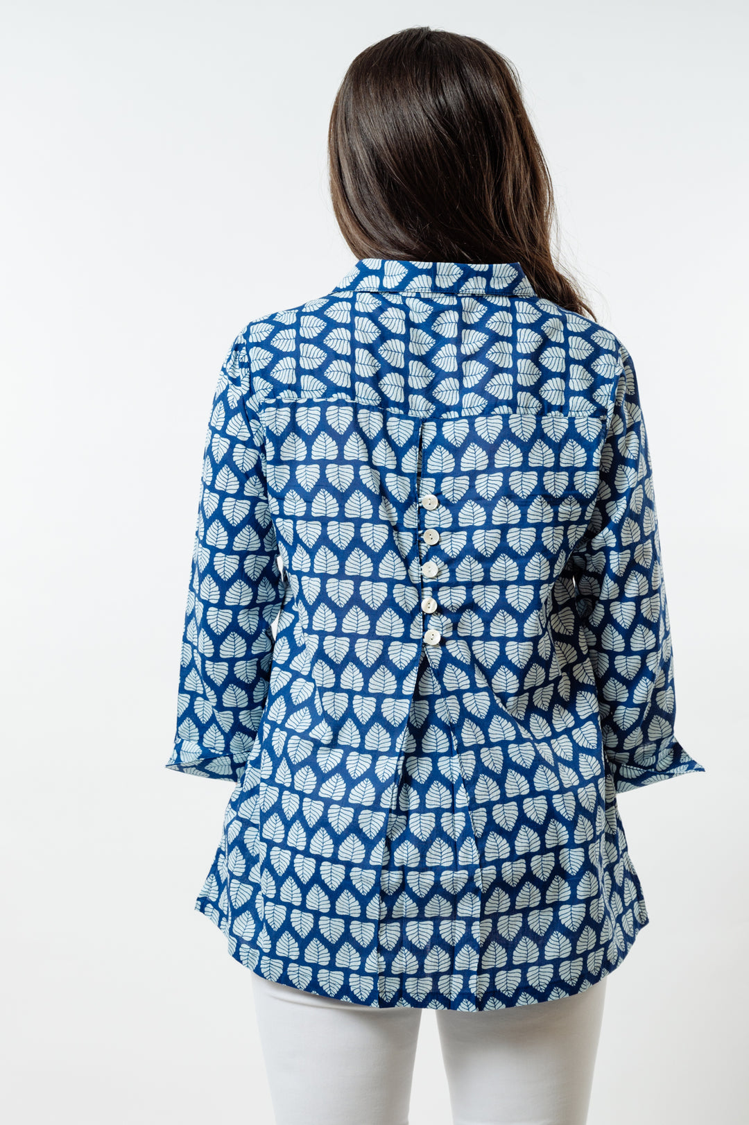 The Mason Button Back Top in Blue and White Cotton Block Print — view 5