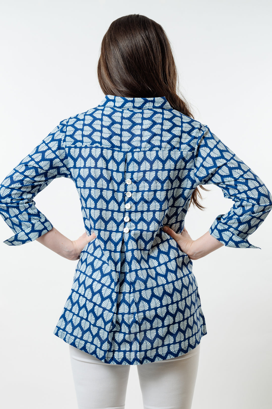 The Mason Button Back Top in Blue and White Cotton Block Print — view 6