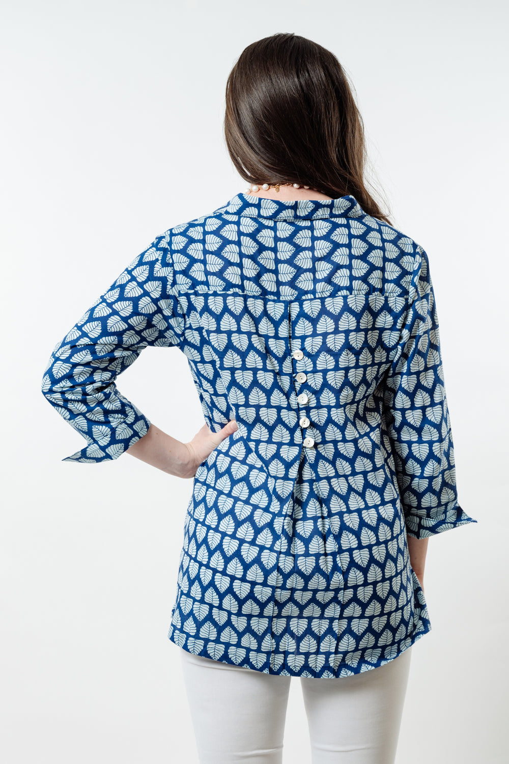 The Mason Button Back Top in Blue and White Cotton Block Print — view 2