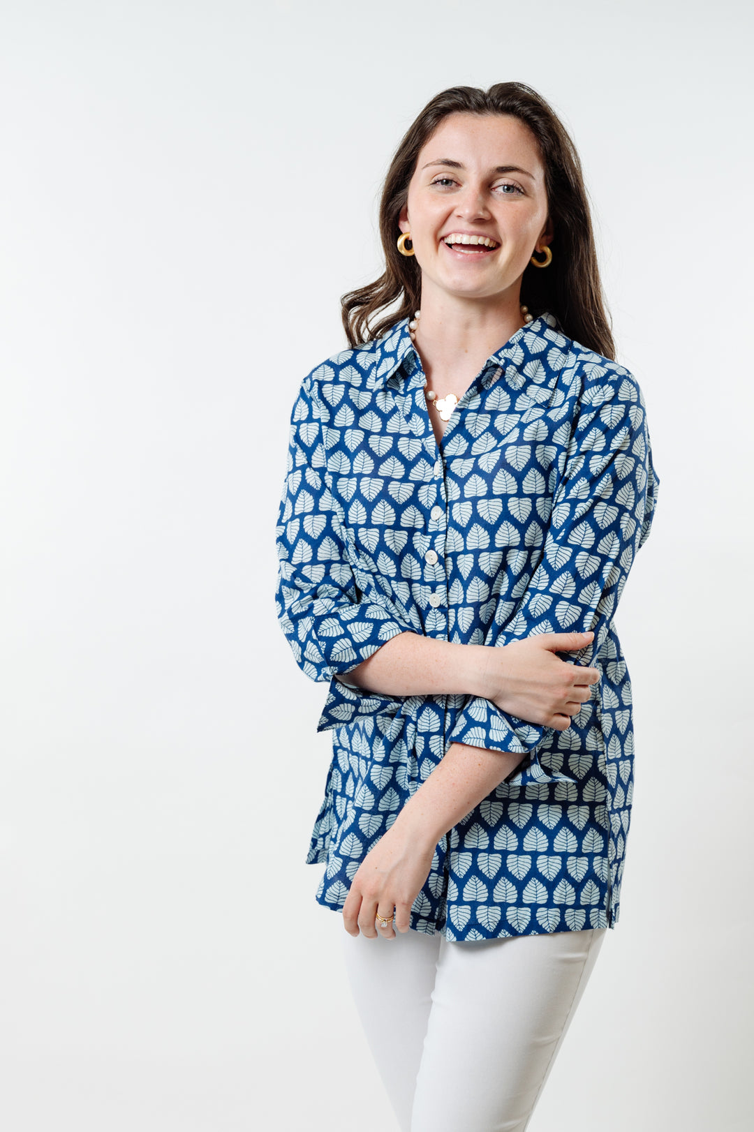 The Mason Button Back Top in Blue and White Cotton Block Print — view 3