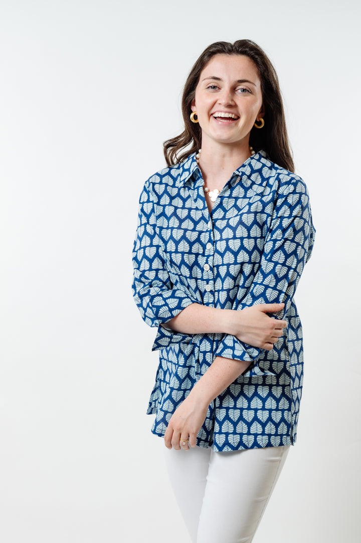 The Mason Button Back Top in Blue and White Cotton Block Print — view 3