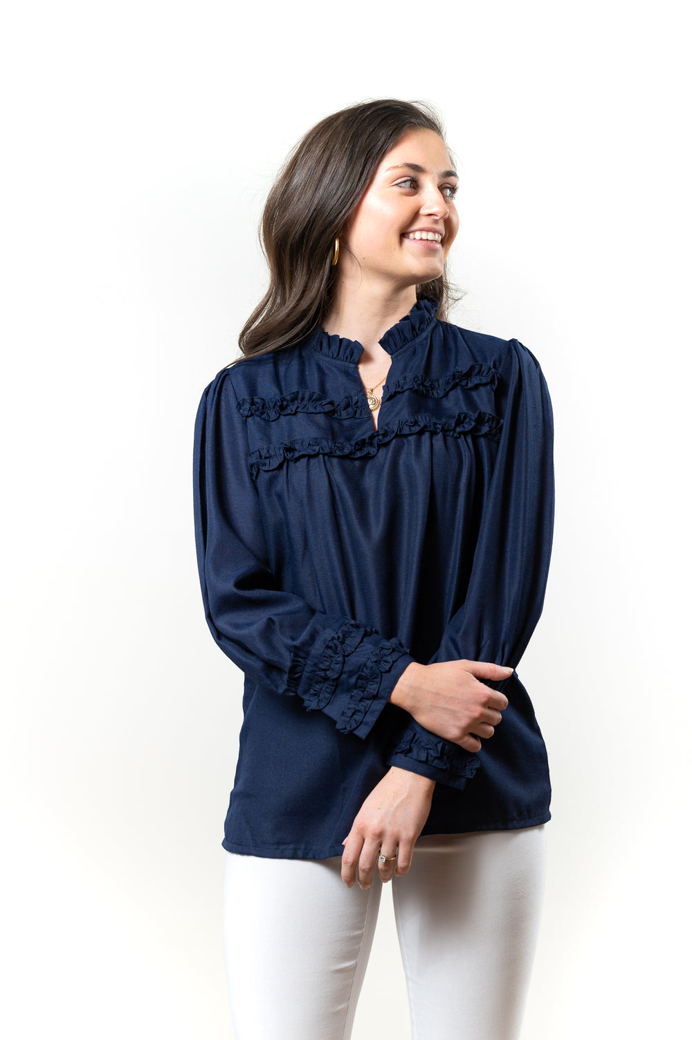 The Hillary Ruffle Trim Top in Navy — view 2