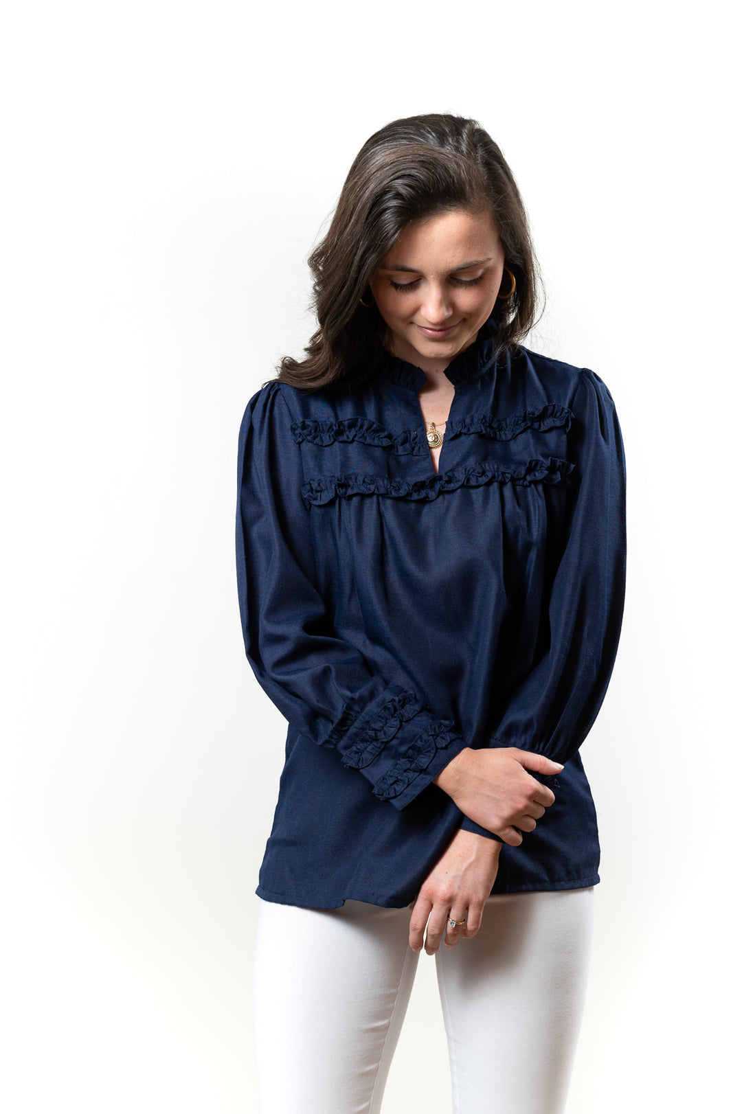 The Hillary Ruffle Trim Top in Navy — view 3