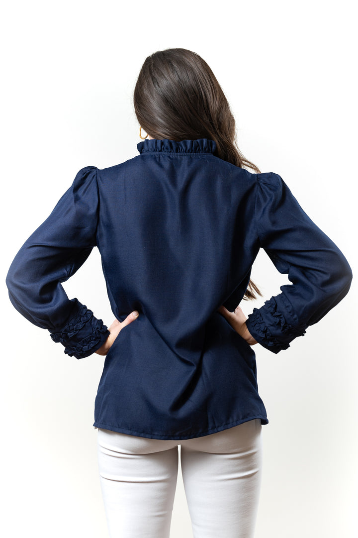 The Hillary Ruffle Trim Top in Navy — view 5