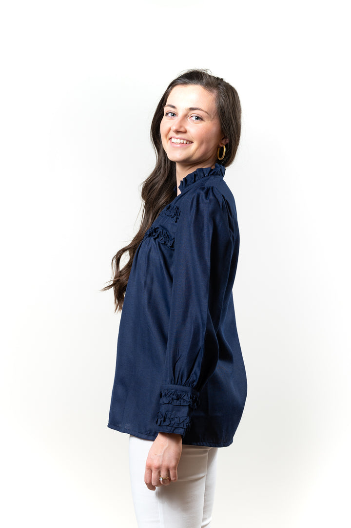 The Hillary Ruffle Trim Top in Navy — view 6