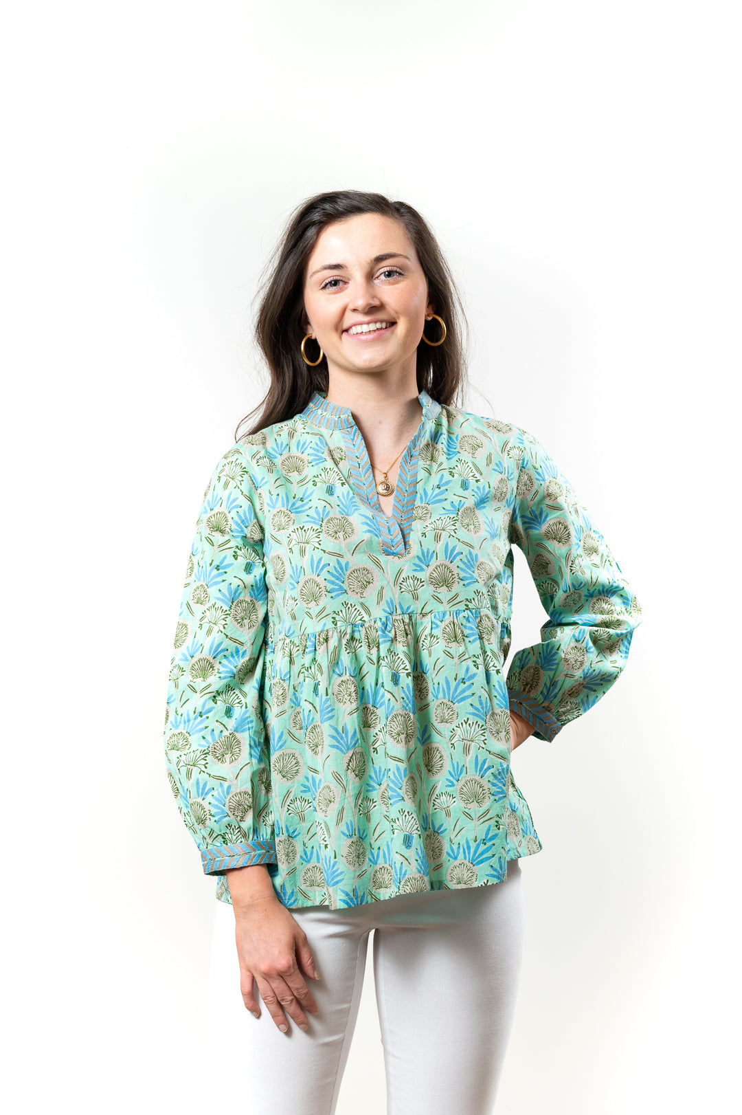 The Morley Cotton Block Print Top in Soft Green