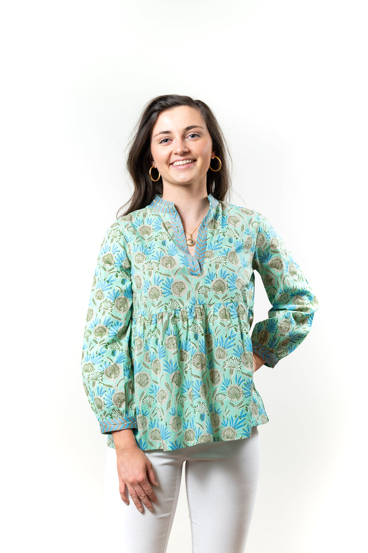 The Morley Cotton Block Print Top in Soft Green