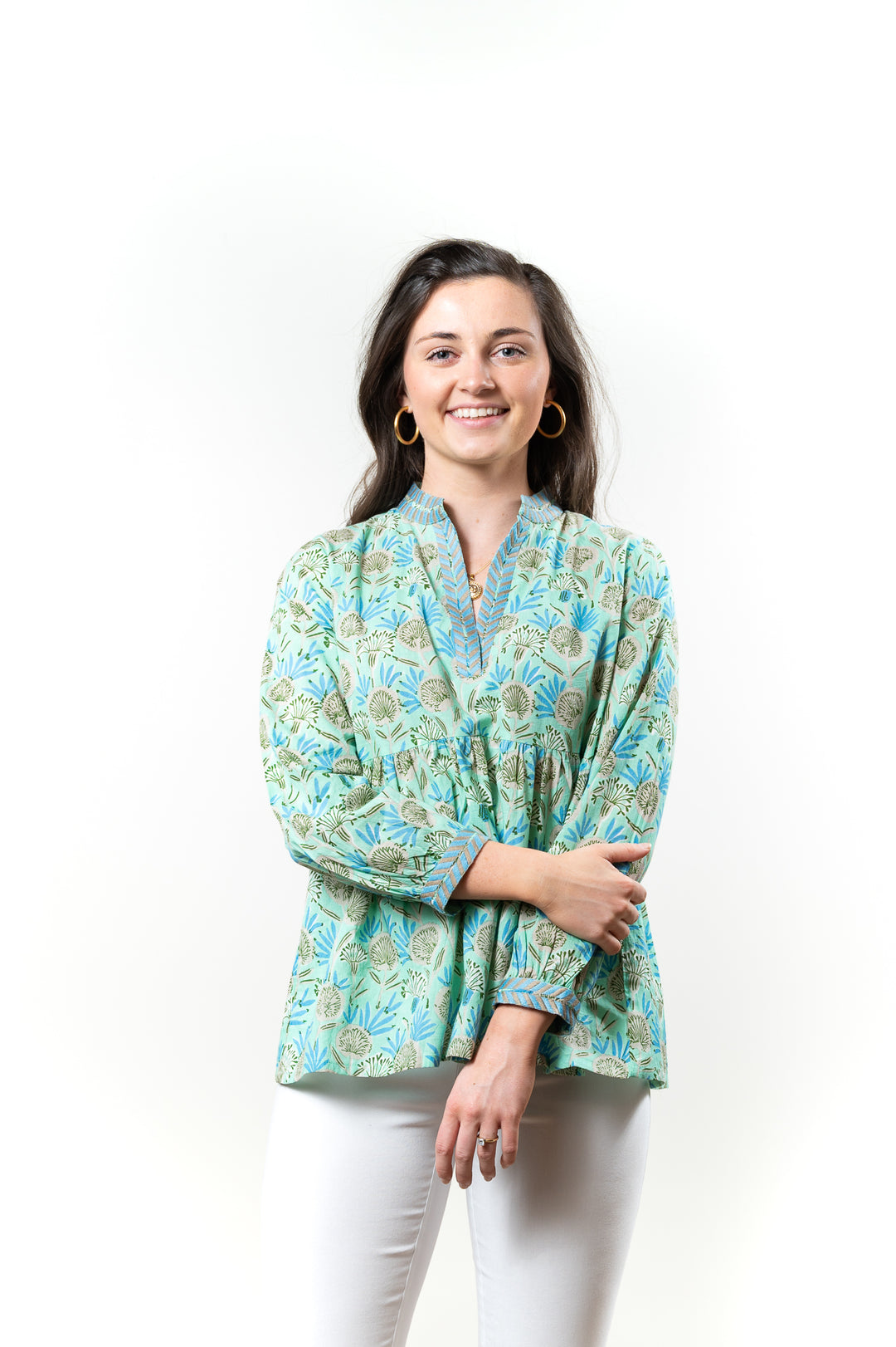 The Morley Cotton Block Print Top in Soft Green — view 2