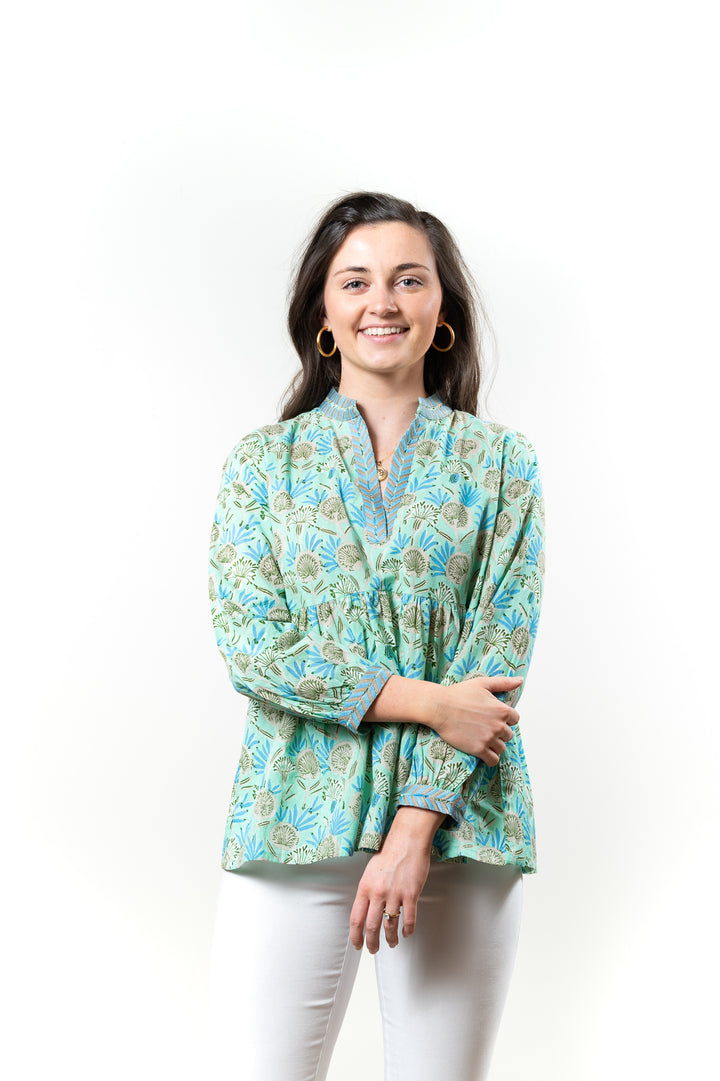 The Morley Cotton Block Print Top in Soft Green — view 2