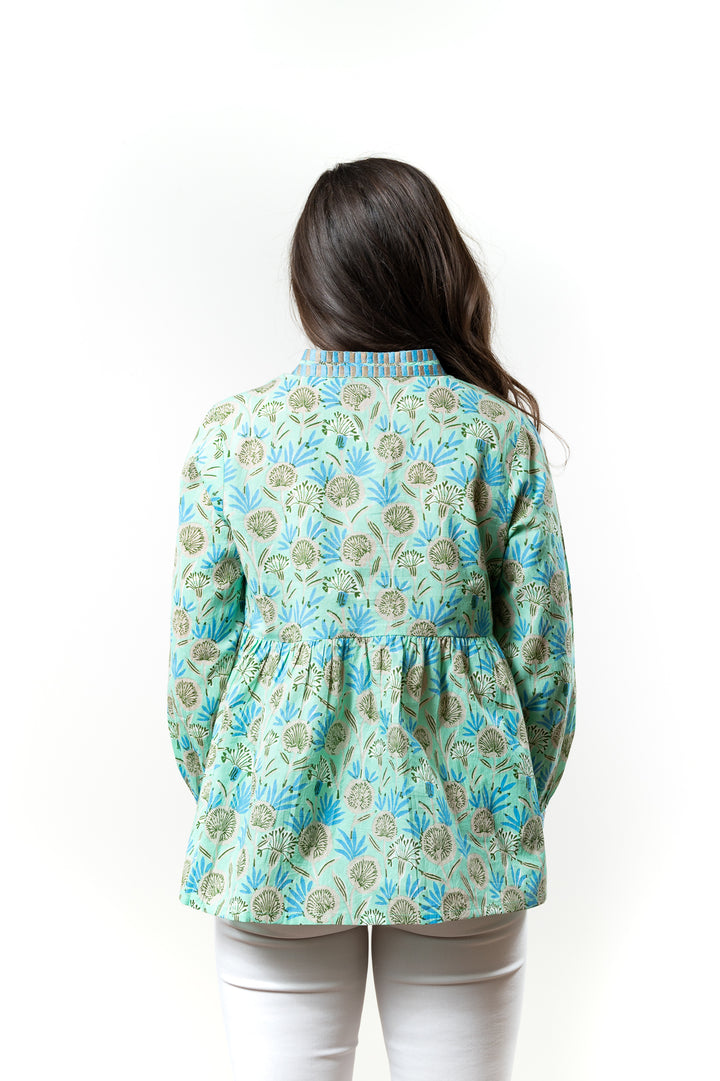The Morley Cotton Block Print Top in Soft Green — view 3