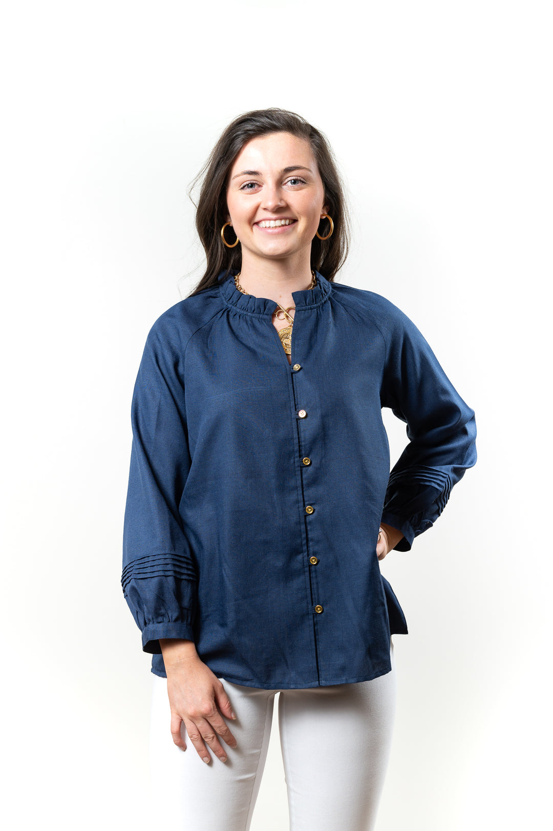 The Clayton Button Front Top in Navy