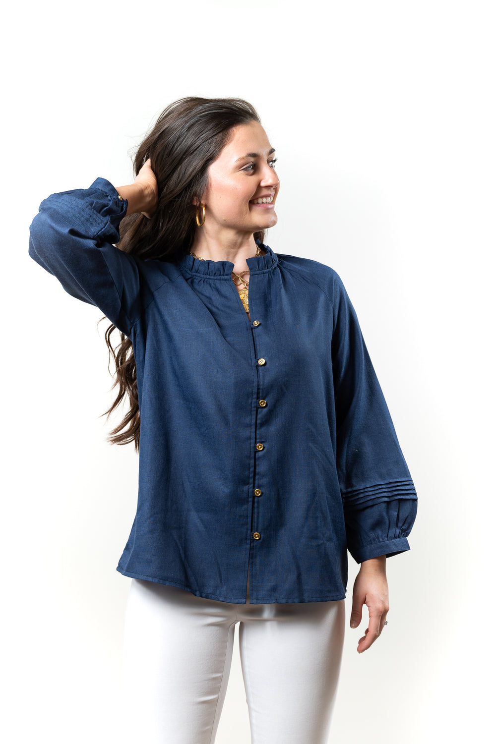 The Clayton Button Front Top in Navy — view 2