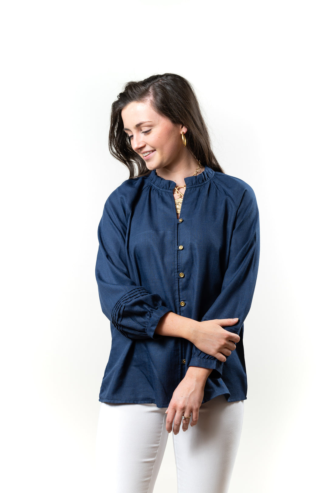 The Clayton Button Front Top in Navy — view 3