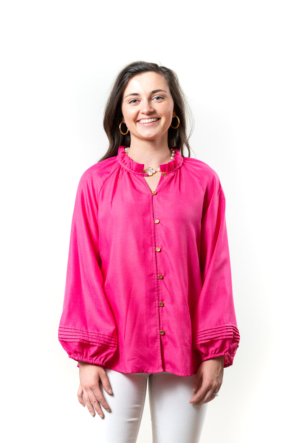 The Clayton Button Front Top in Pink Flambe — view 2