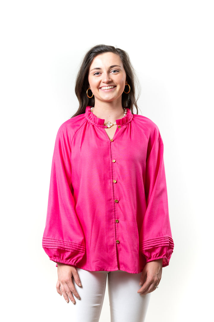 The Clayton Button Front Top in Pink Flambe — view 2