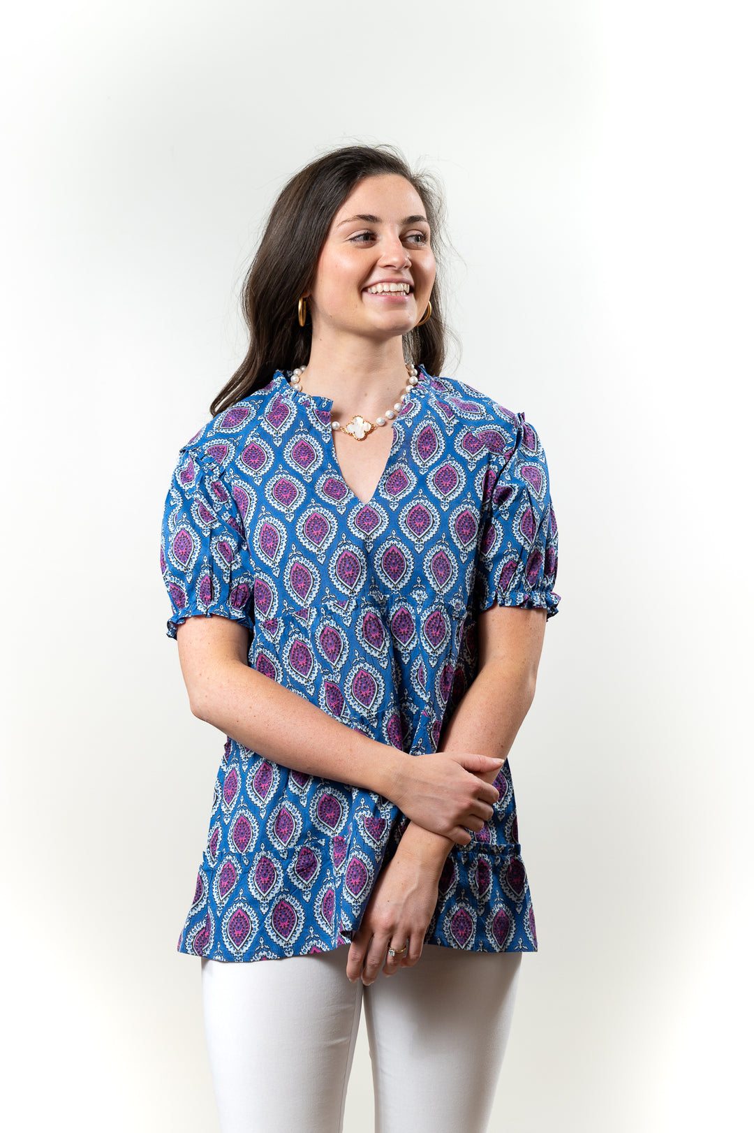 The Beatrice Baby Doll Top in Blue and Pink