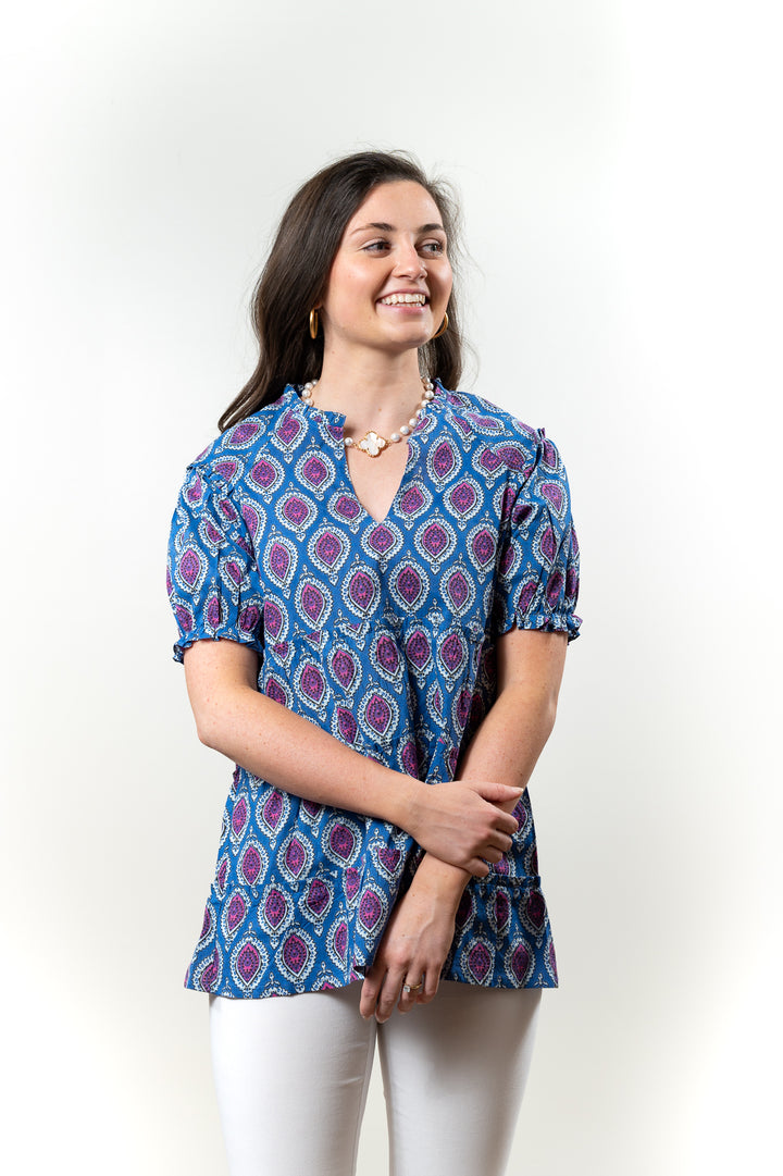 The Beatrice Baby Doll Top in Blue and Pink