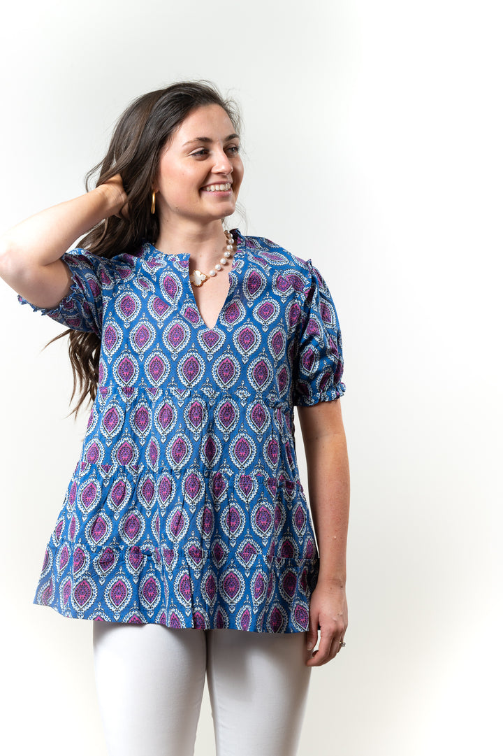The Beatrice Baby Doll Top in Blue and Pink — view 3