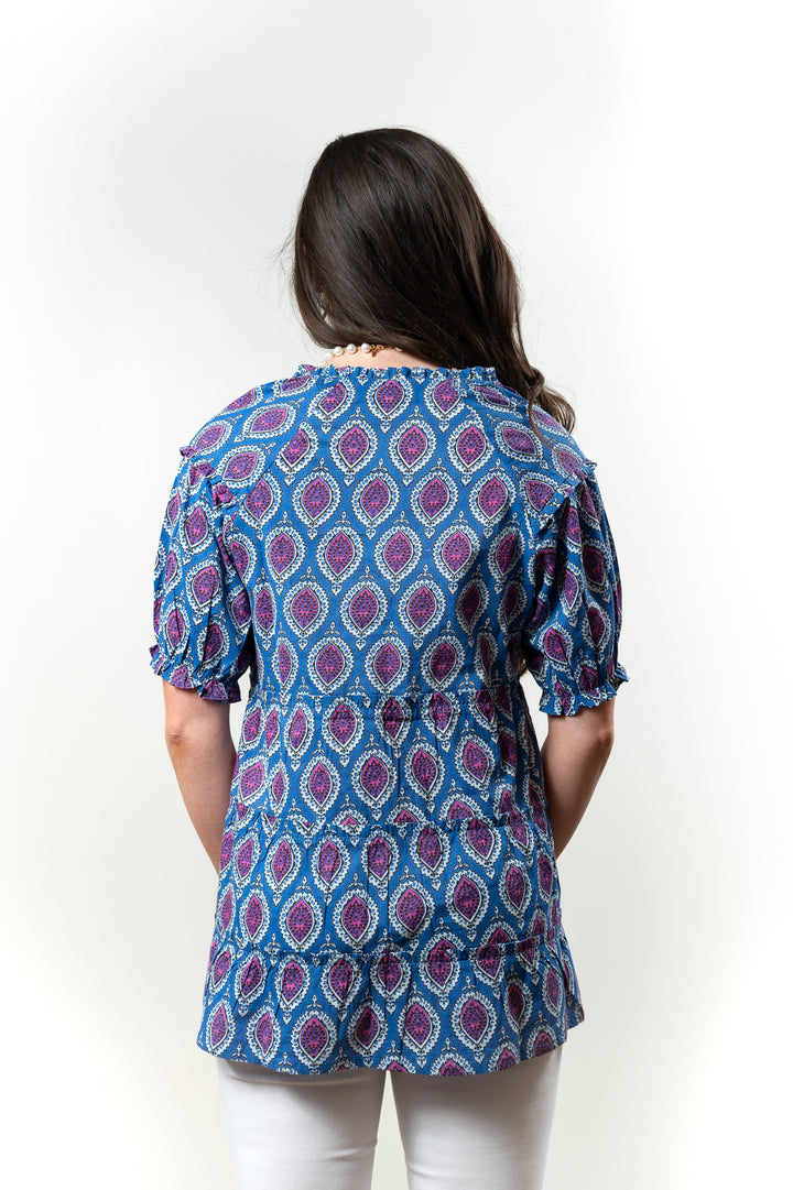 The Beatrice Baby Doll Top in Blue and Pink — view 4