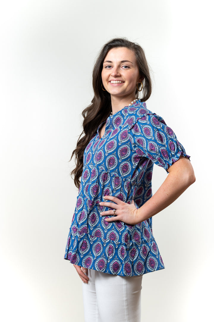 The Beatrice Baby Doll Top in Blue and Pink — view 5