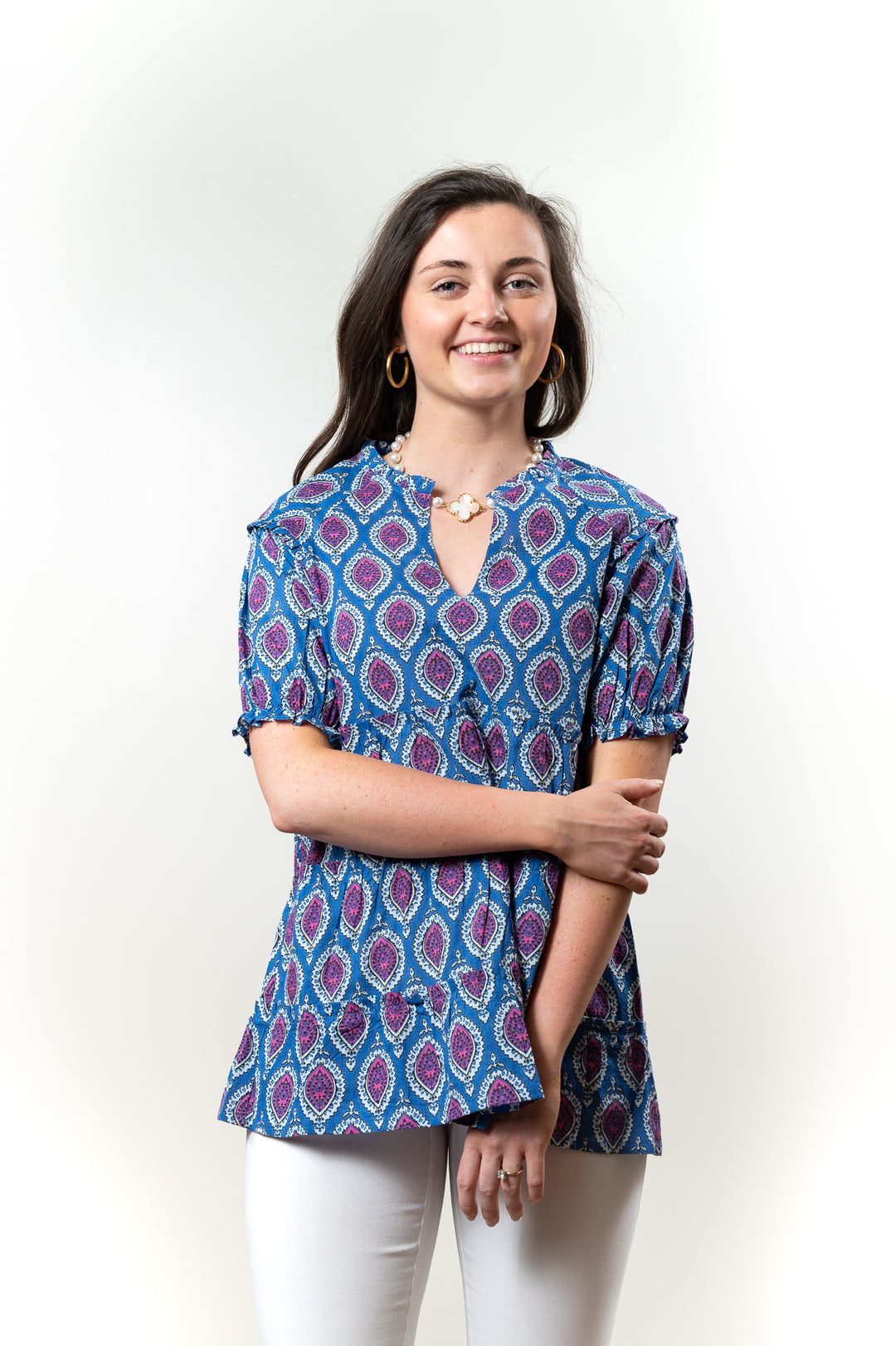 The Beatrice Baby Doll Top in Blue and Pink — view 6