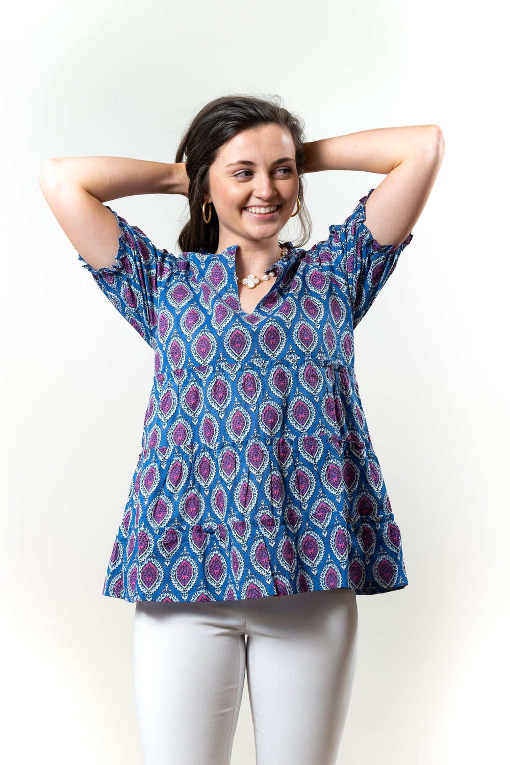 The Beatrice Baby Doll Top in Blue and Pink — view 2
