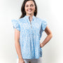 The Ava Pin Tuck Flutter Sleeve Top in Blue and White
