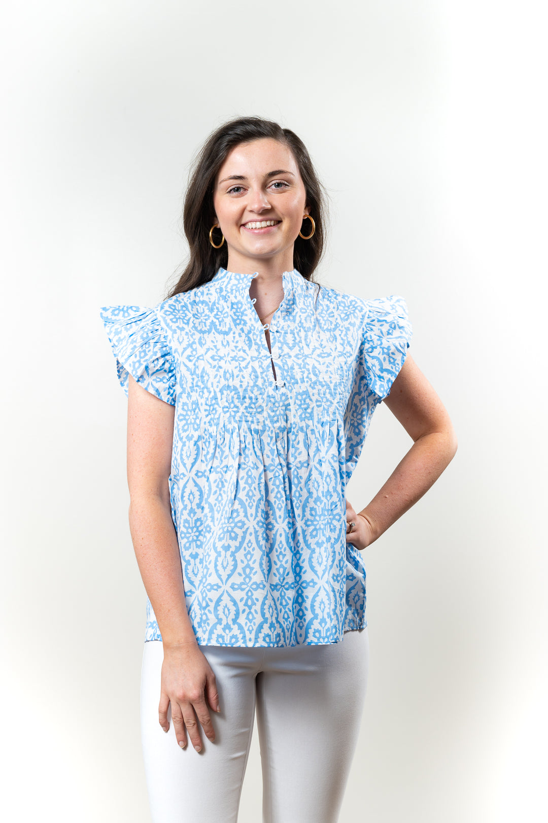 The Ava Pin Tuck Flutter Sleeve Top in Blue and White
