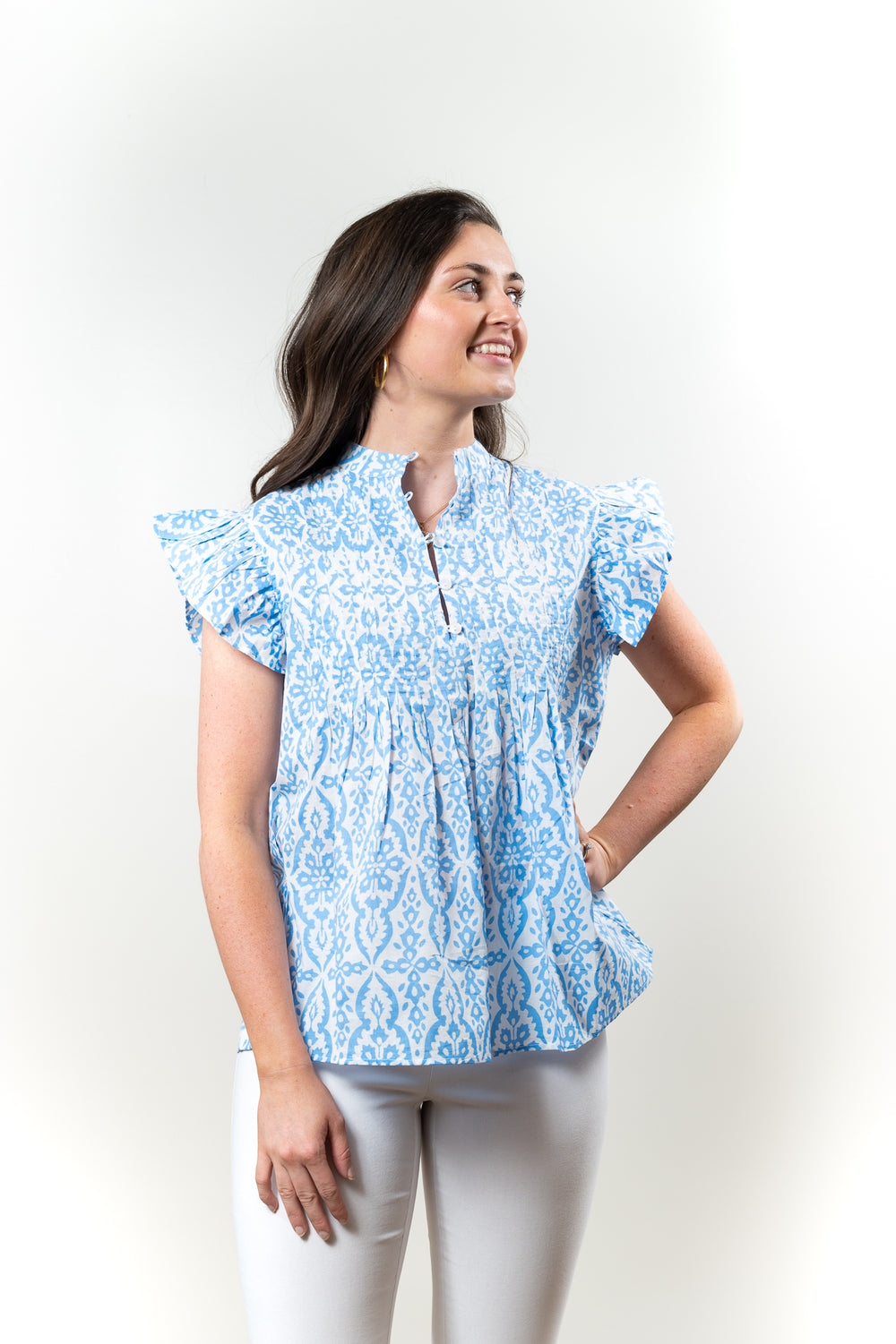 The Ava Pin Tuck Flutter Sleeve Top in Blue and White — view 2
