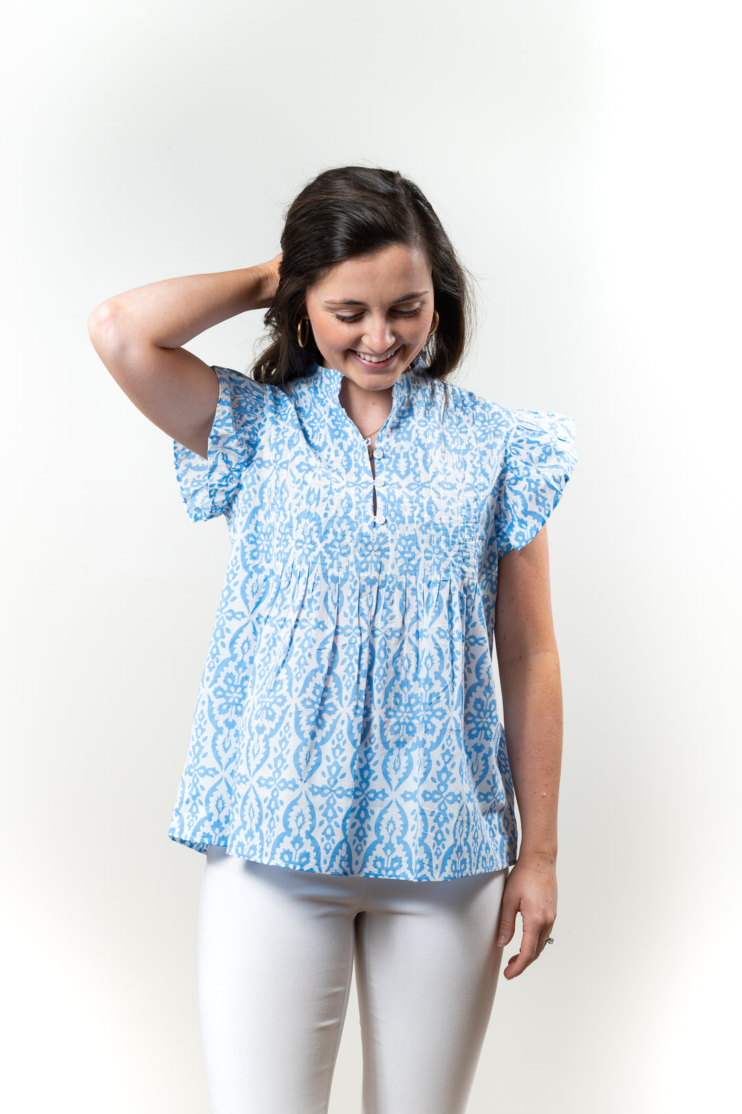The Ava Pin Tuck Flutter Sleeve Top in Blue and White — view 3