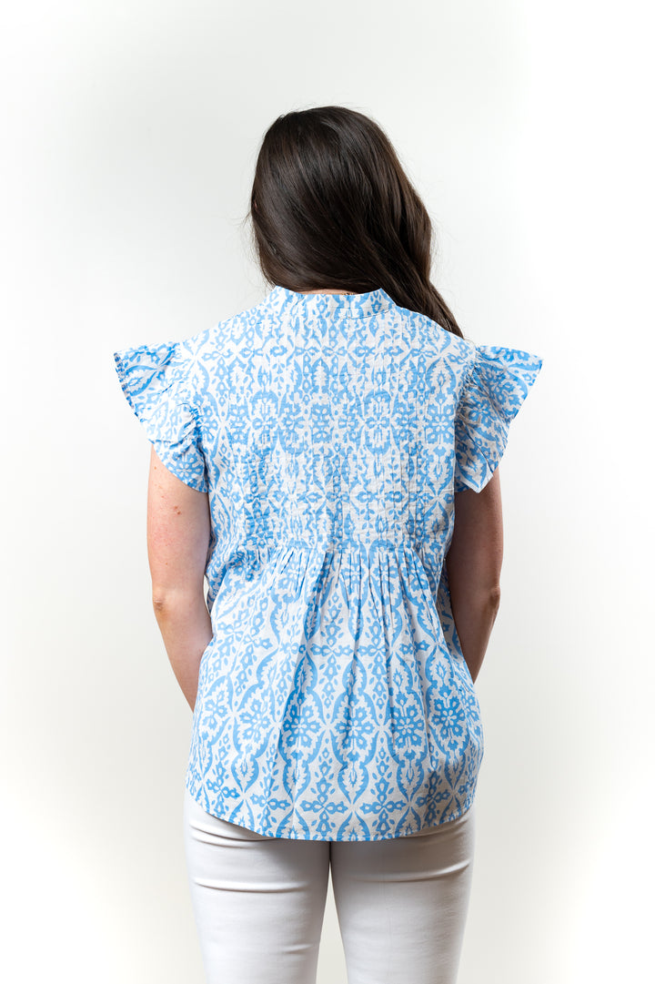 The Ava Pin Tuck Flutter Sleeve Top in Blue and White — view 4