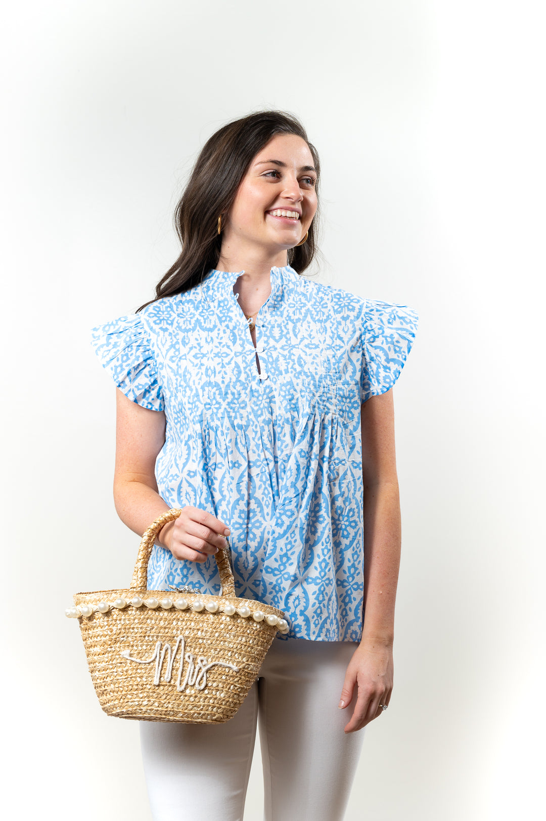 The Ava Pin Tuck Flutter Sleeve Top in Blue and White — view 5