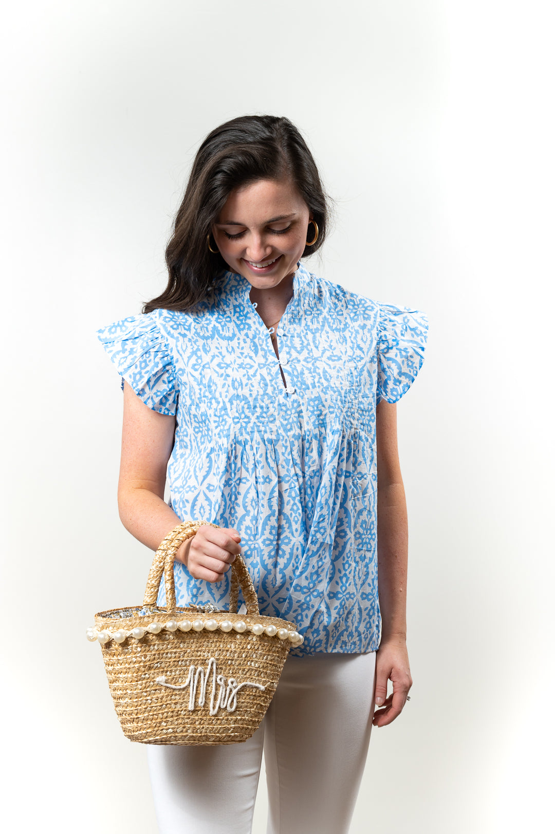 The Ava Pin Tuck Flutter Sleeve Top in Blue and White — view 6