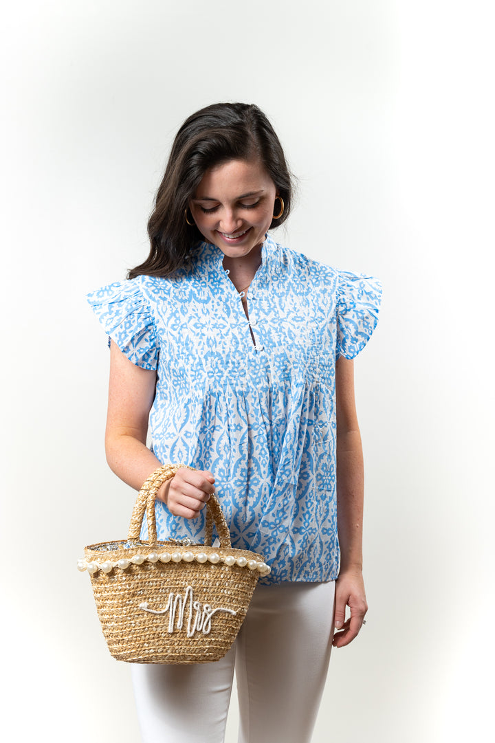 The Ava Pin Tuck Flutter Sleeve Top in Blue and White — view 6