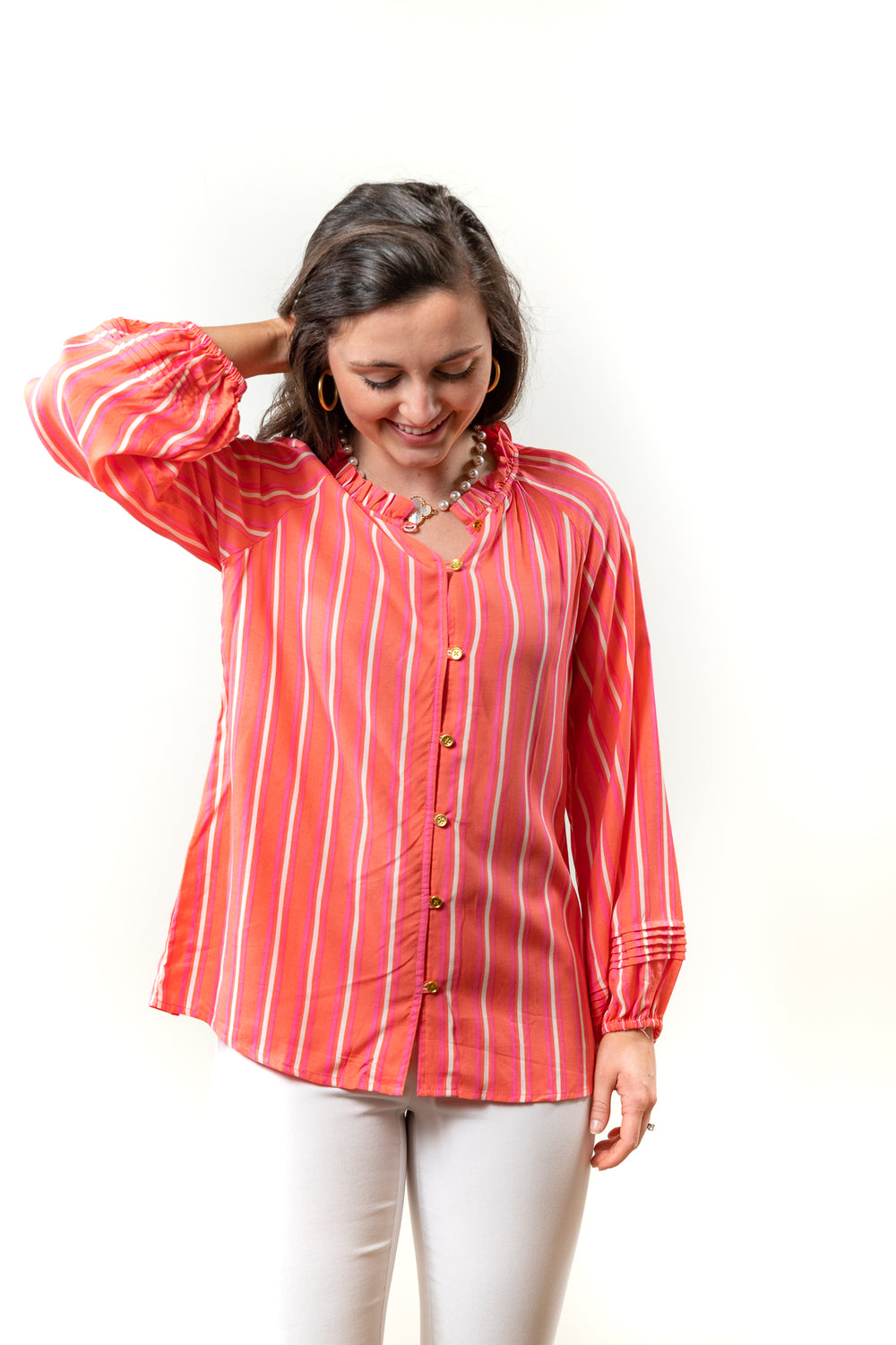 The Clayton Button Front Striped Blouse in Coral — view 2